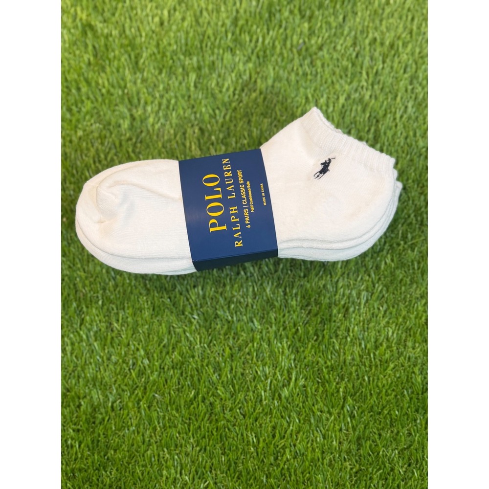 Polo Ralph Lauren 6 Pack White Classic Sport Ankle Socks Navy Pony Logo NEW